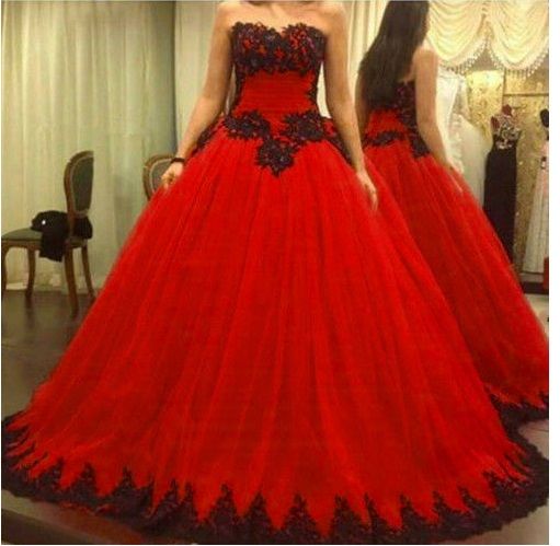 Strapless Red Ball Gown Pageant Dress With Black Appliques on Luulla