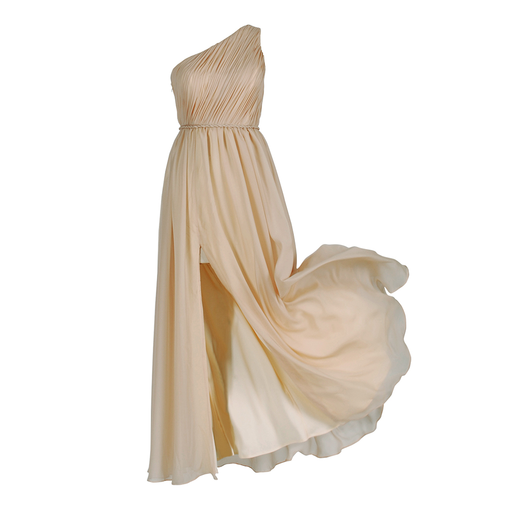 One-Shoulder Long Velvet Dresses with Slit Champagne