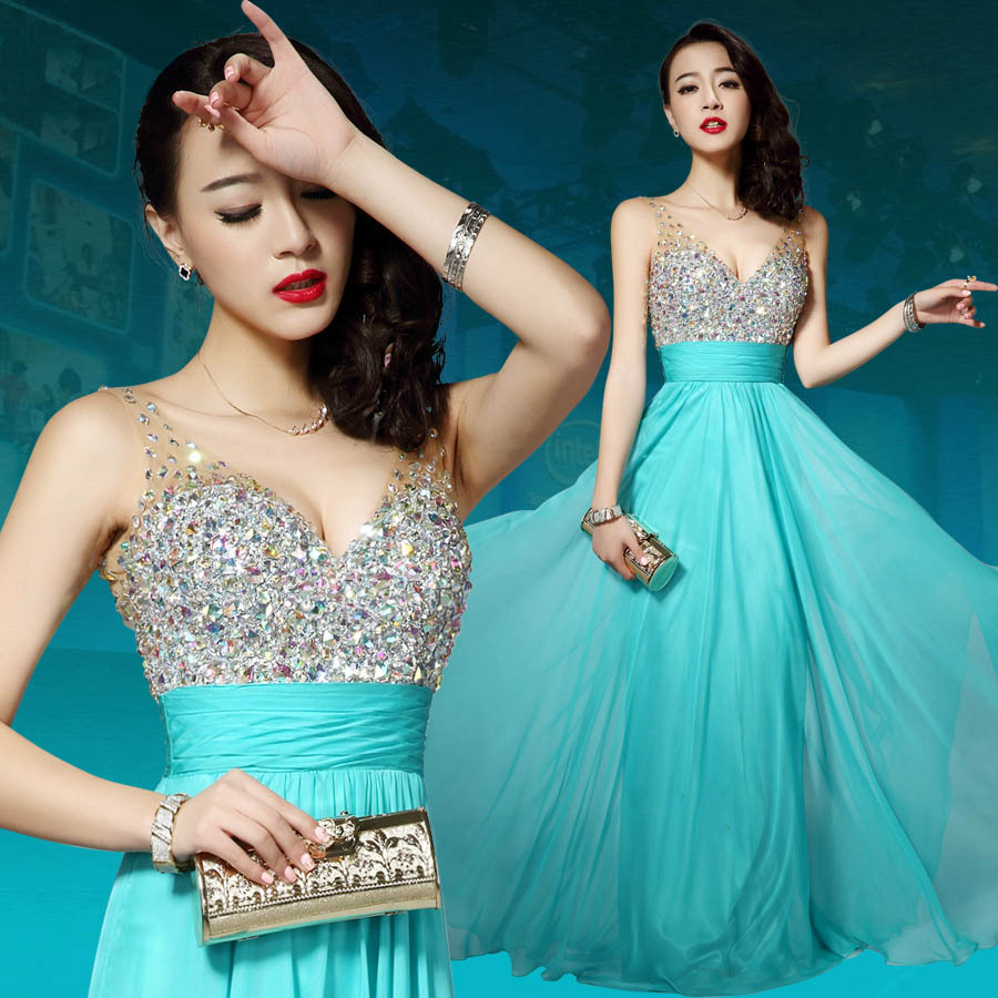 Crystaled Long Chiffon Prom Dresses For Party on Luulla