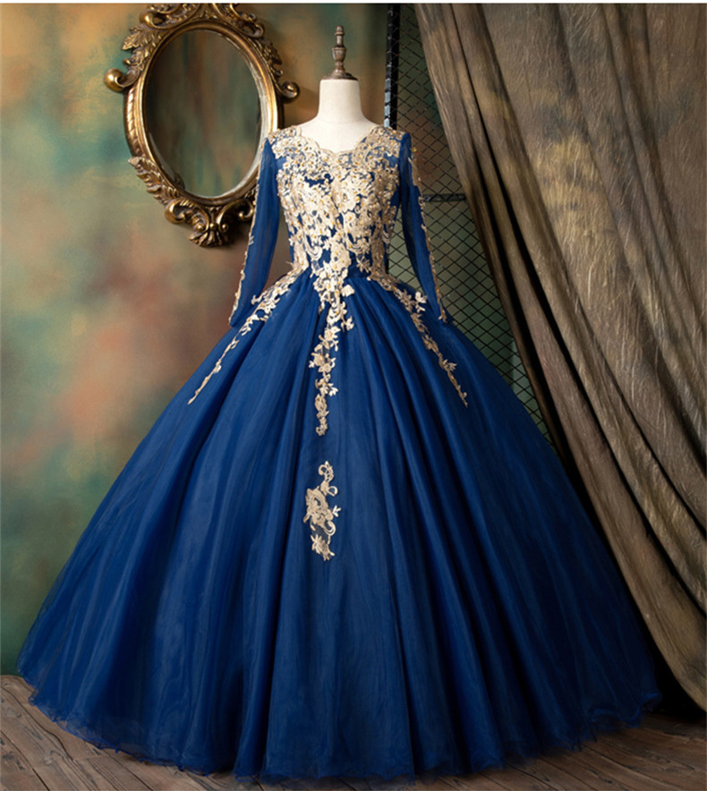 Long Sleeves Navy Blue Ball Gown Pageant Dress With Gold Appliques on ...