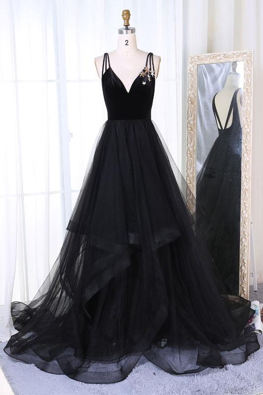 V Neck Black Tulle Prom Dress Long Evening Gown on Luulla