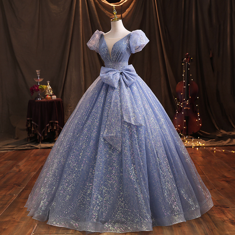 Puffy Sleeves Glitter Blue Cinderella Ball Gown Dress on Luulla