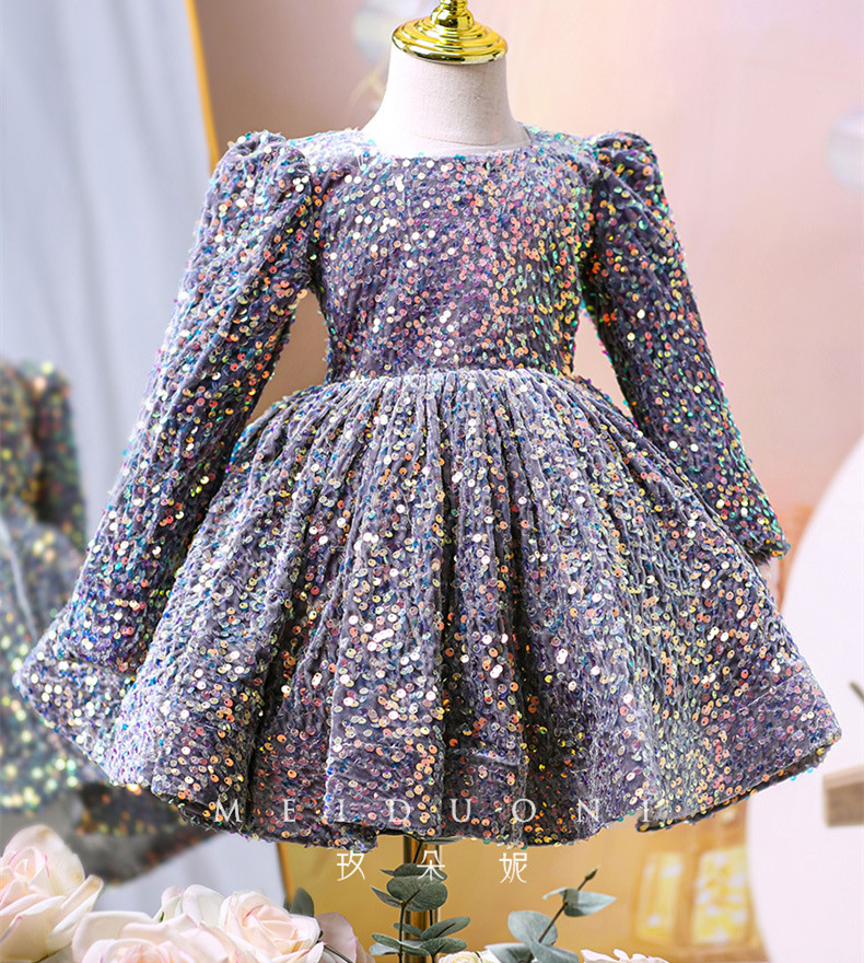 Sequines Beaded Long Sleeve A-line Long Girl Dress Regency