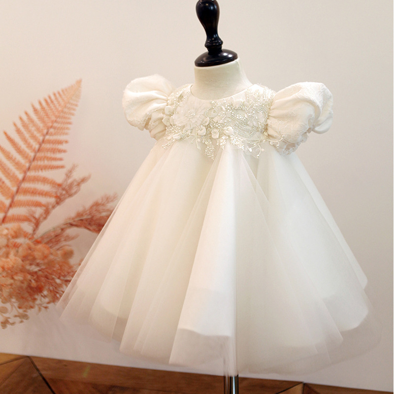 Short white Micado  Lace Top Christening Dress