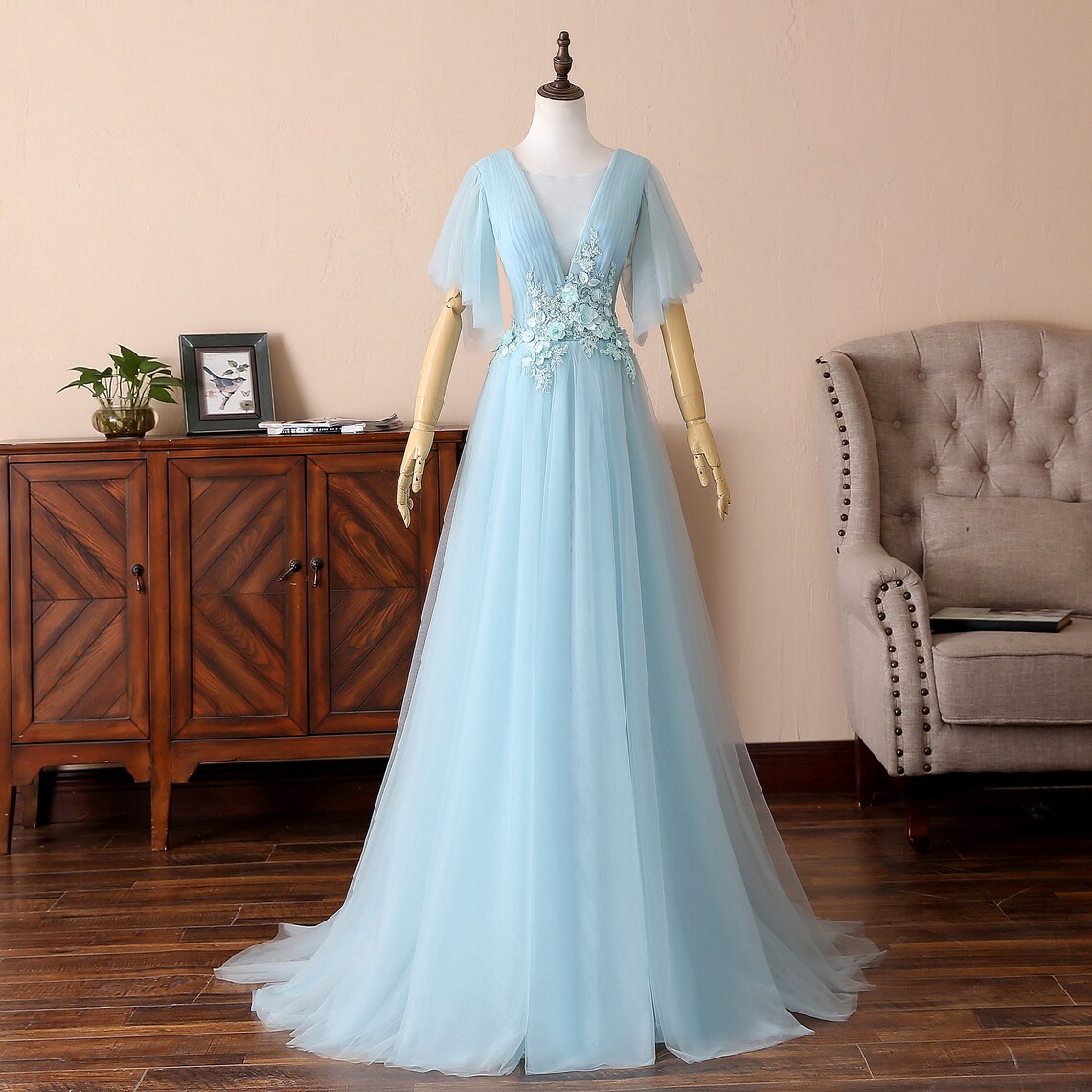 Fairy Princess Tule Light Blue Formal Dress Long Party Dress