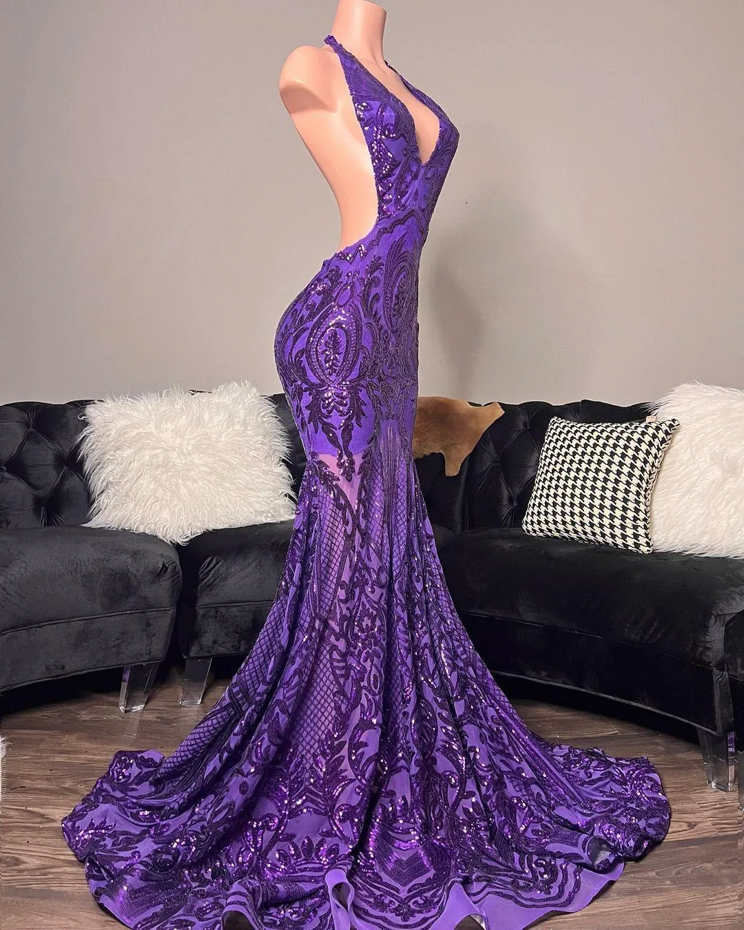 Ombre Purple Glitter Halter Neck Trumpet Long Train Prom Dress