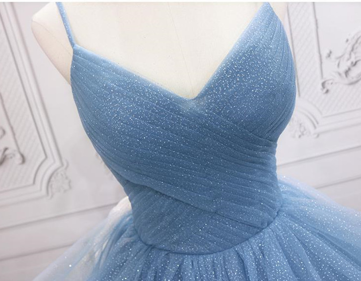 Glamorous Sky Blue Spaghetti-Straps Tulle Long Evening Dress