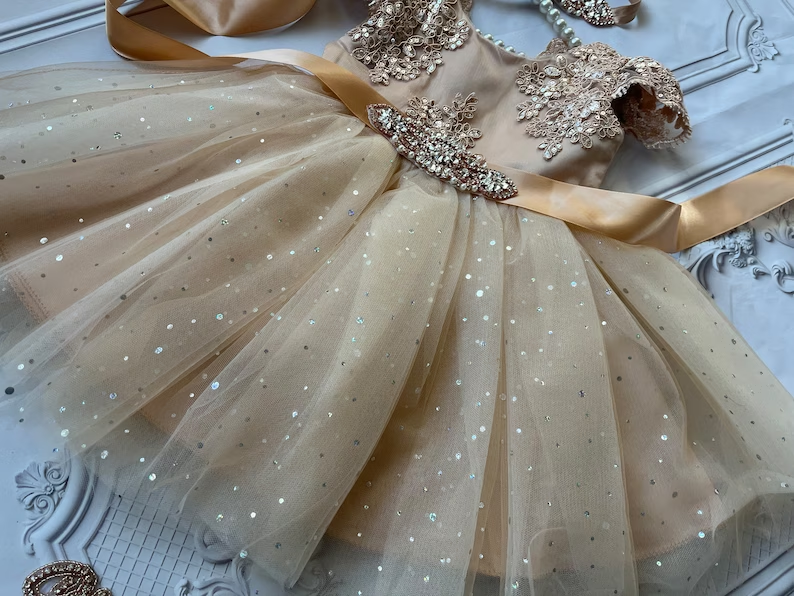 V-cut Back Champagne Flower Girl Dress with Pearls main image 1