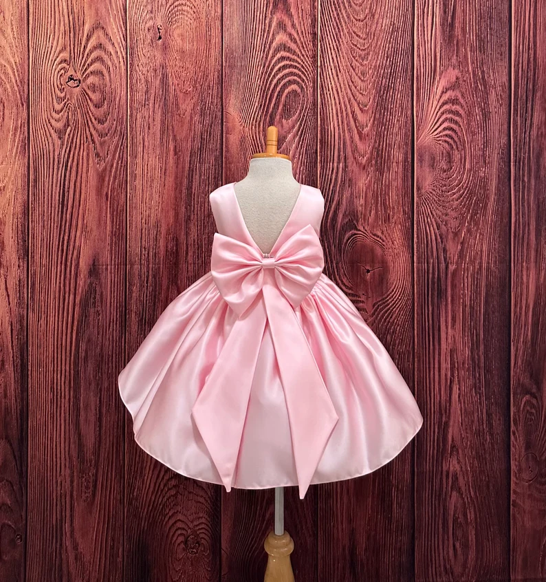 V Neck Pink Satin Tulle Wedding Party Flower Girl Dress