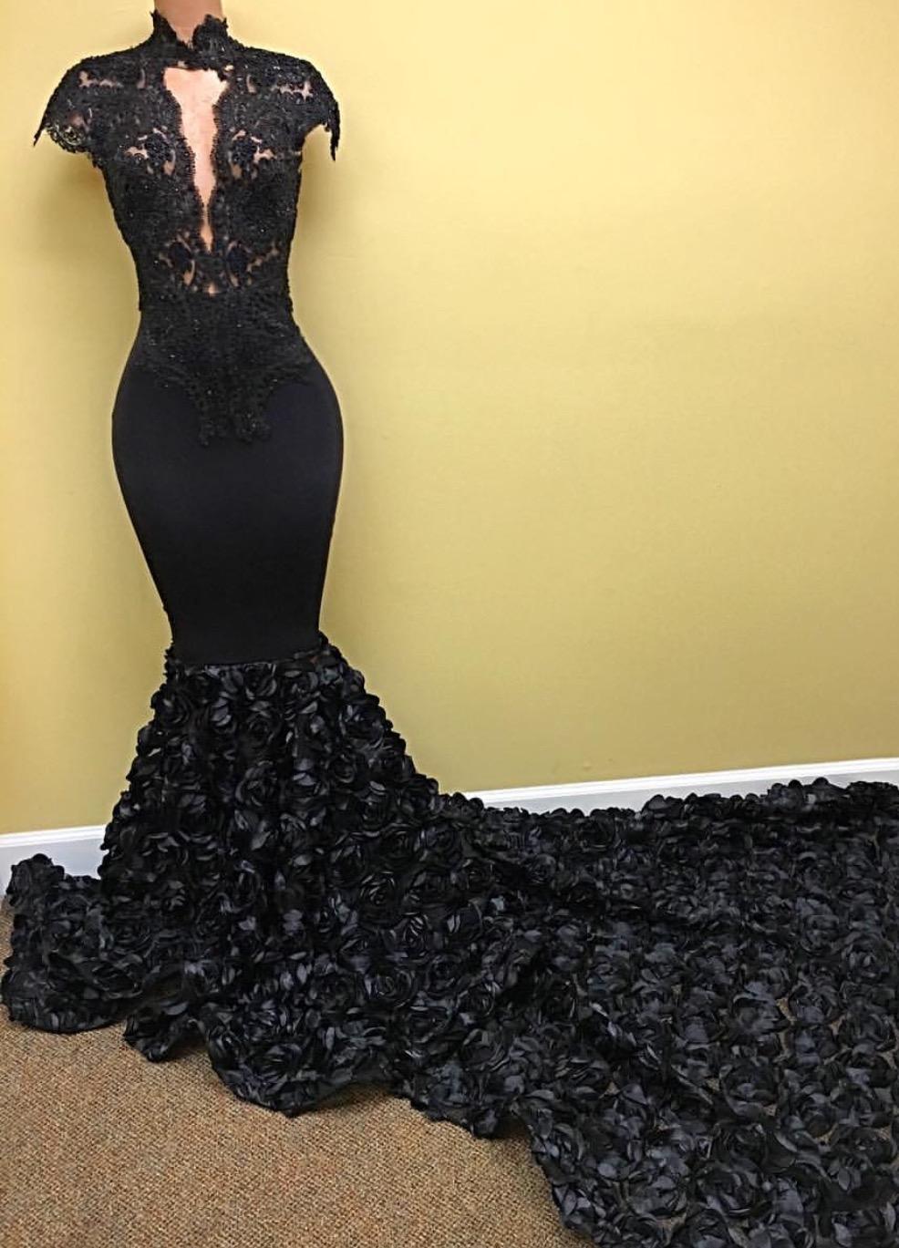 Black Mermaid Prom Dress With 3D Floral Train on Luulla