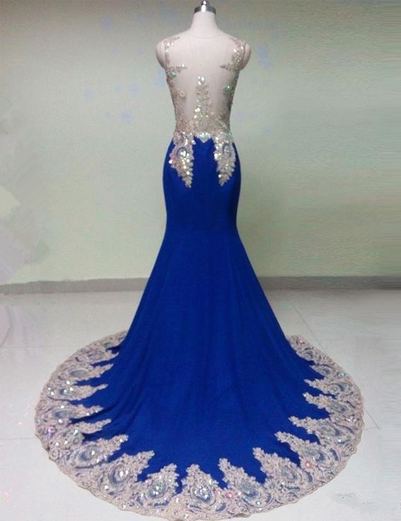 Illusion V Neck Royal Blue Prom Dress With Silver Appliques on Luulla