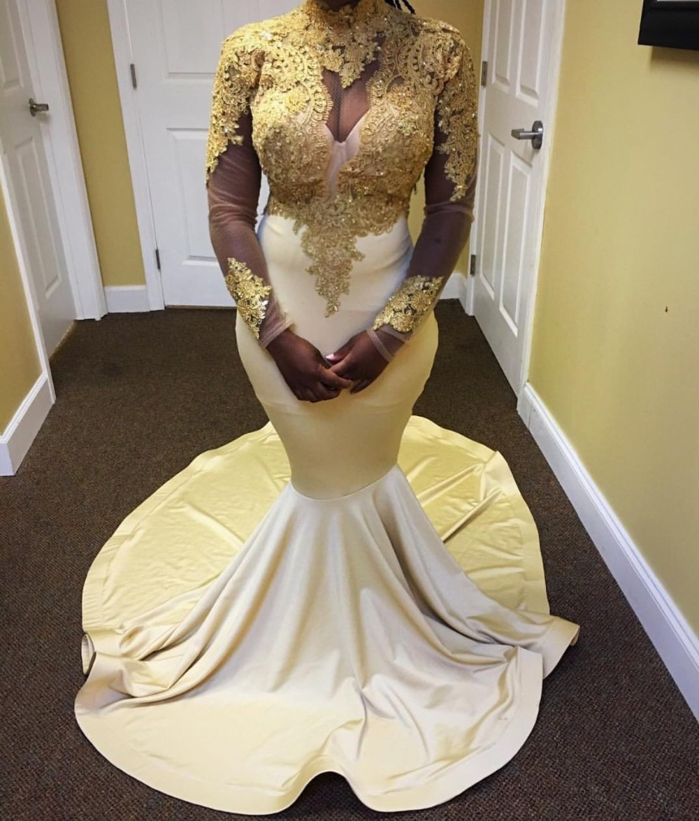 Gold Long Sleeves Mermaid Prom Dress Sequins Long With Beadings